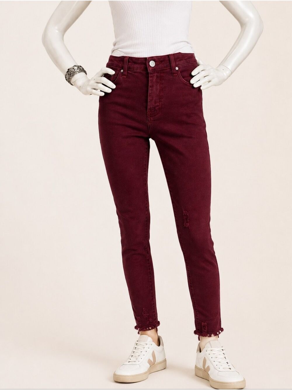 Risen Wine High Rise Frayed Hem Skinny Jeans 0/24 NWT Quiet Cool